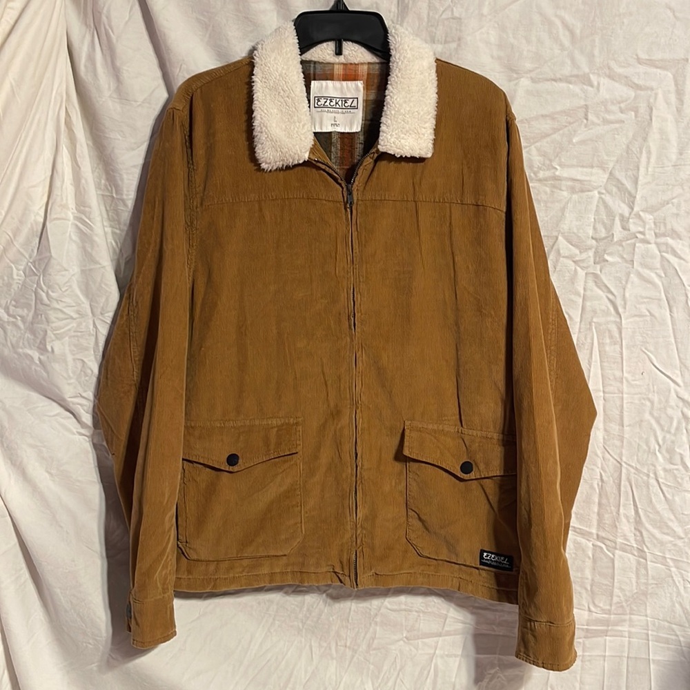 New Ezekiel Jacket L Mens Corduroy Shacket Zip Front Khaki Tan Lightweight Nwt